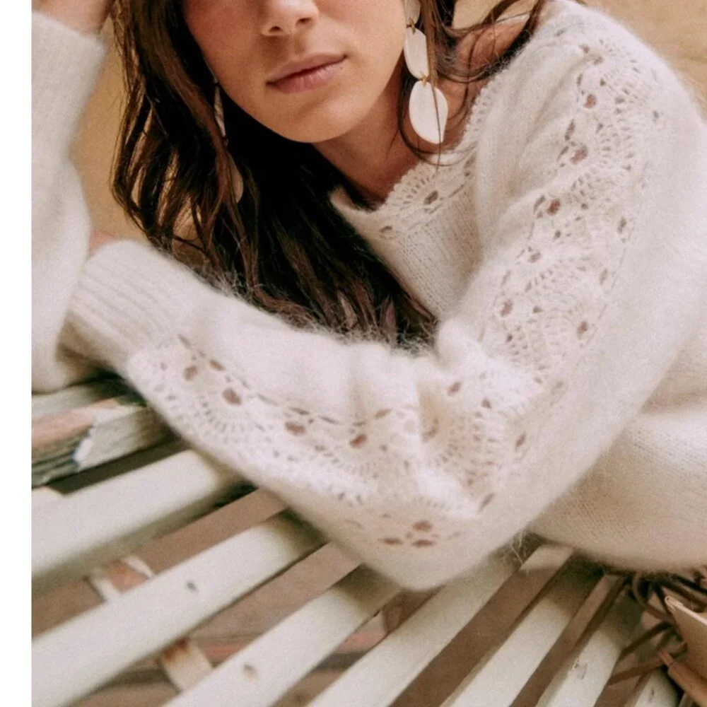 BEST Sezane Stacy Jumper Sweater Medium Ecru Ivory French Wool Mohair Knit - Picture 2 of 10
